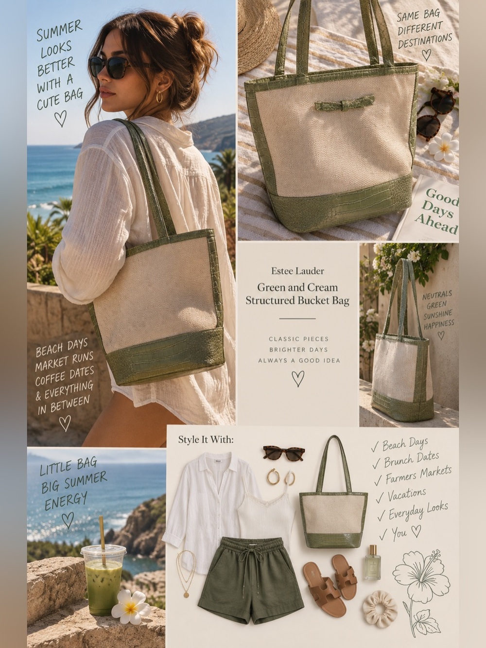 Estee Lauder Green and Cream Structured Bucket Bag